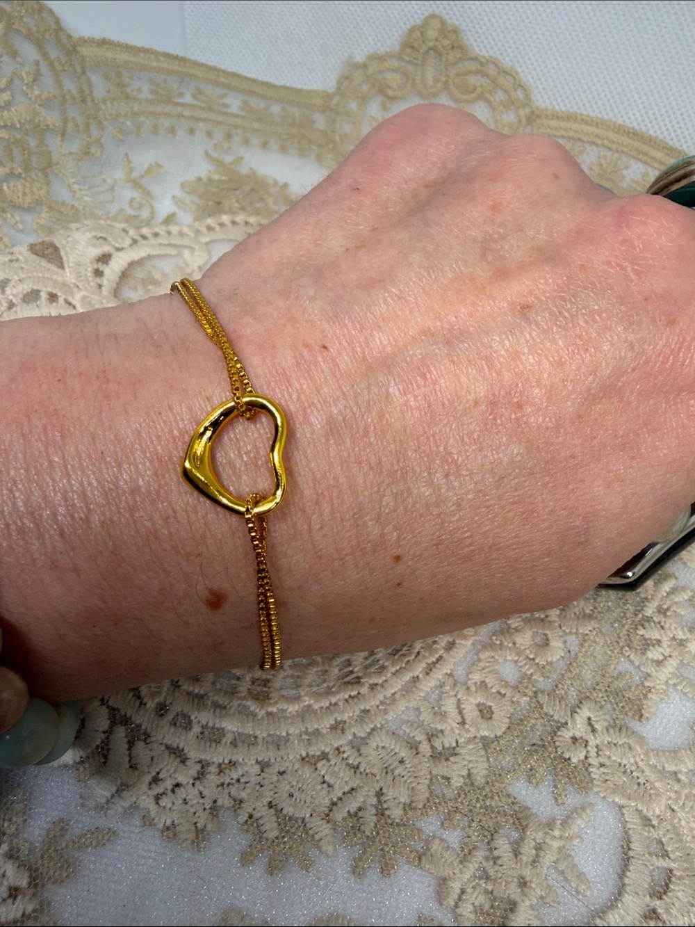 S925 Sterling Silver 18K Gold Plated Organic Heart Double Chain Bracelet
